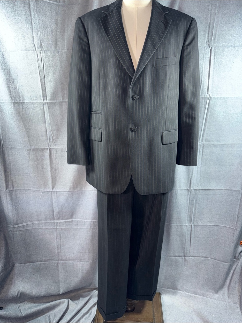3057-Stafford Black Pinstripe Two-Button Suit